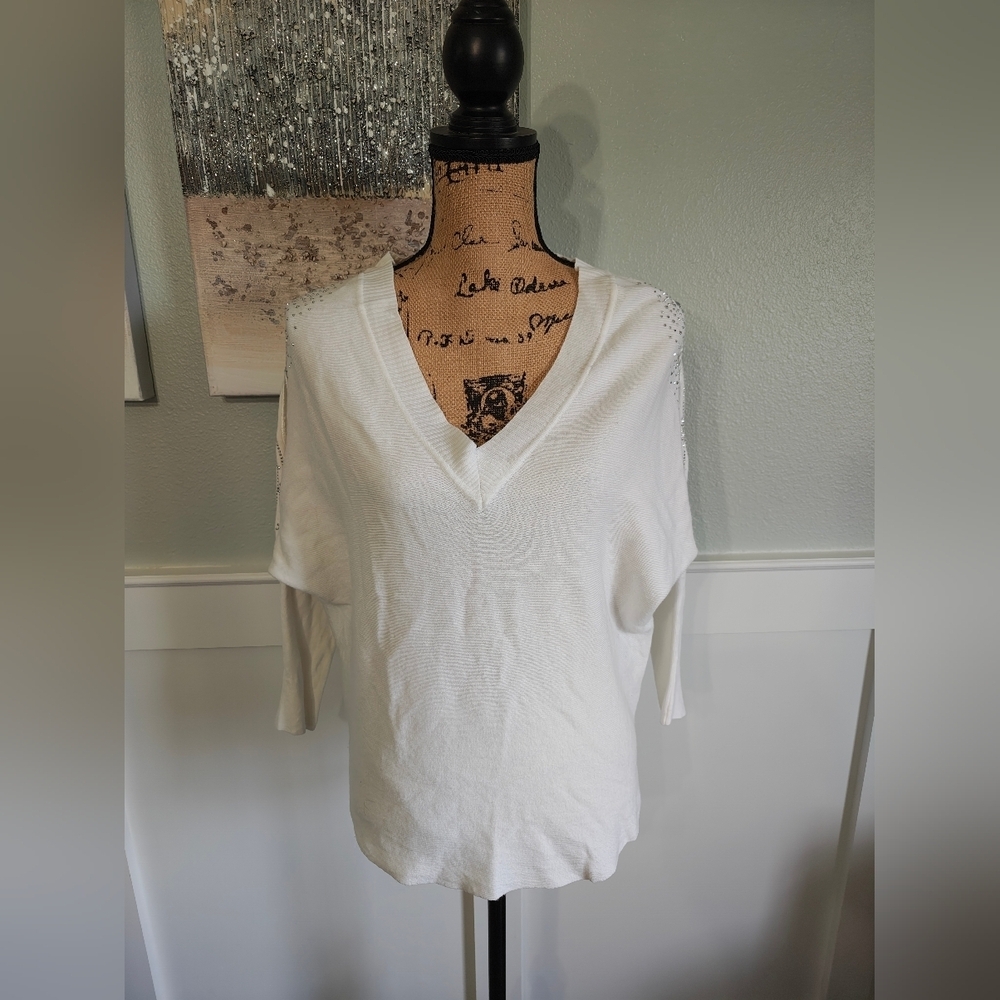 Milano LIV Cream V-Neck Women's Blouse With Embellished Shoulders